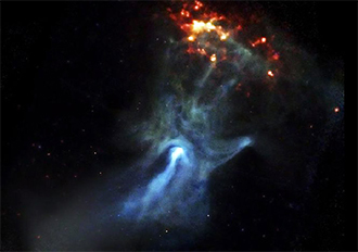 Photo. A small, dense object only 12 miles in diameter is responsible for this X-ray nebula that spans 150 light years. At the center of this image made by NASA’s Chandra X-ray Observatory is a very young and powerful pulsar, known as PSR B1509-58. The pulsar is a rapidly spinning neutron star that is spewing energy out into the space around it. Image courtesy NASA.